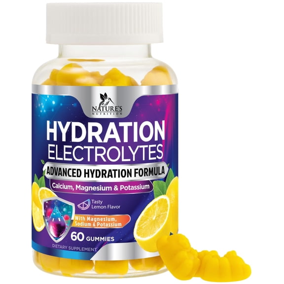 Hydration Electrolyte Gummies - Daily Liquid Replenisher Gummy - Advanced Electrolyte Multiplier with Calcium, Minerals, Potassium & Real Salt, Tasty Lemon Flavor Hydration Electrolytes - 60 Gummies