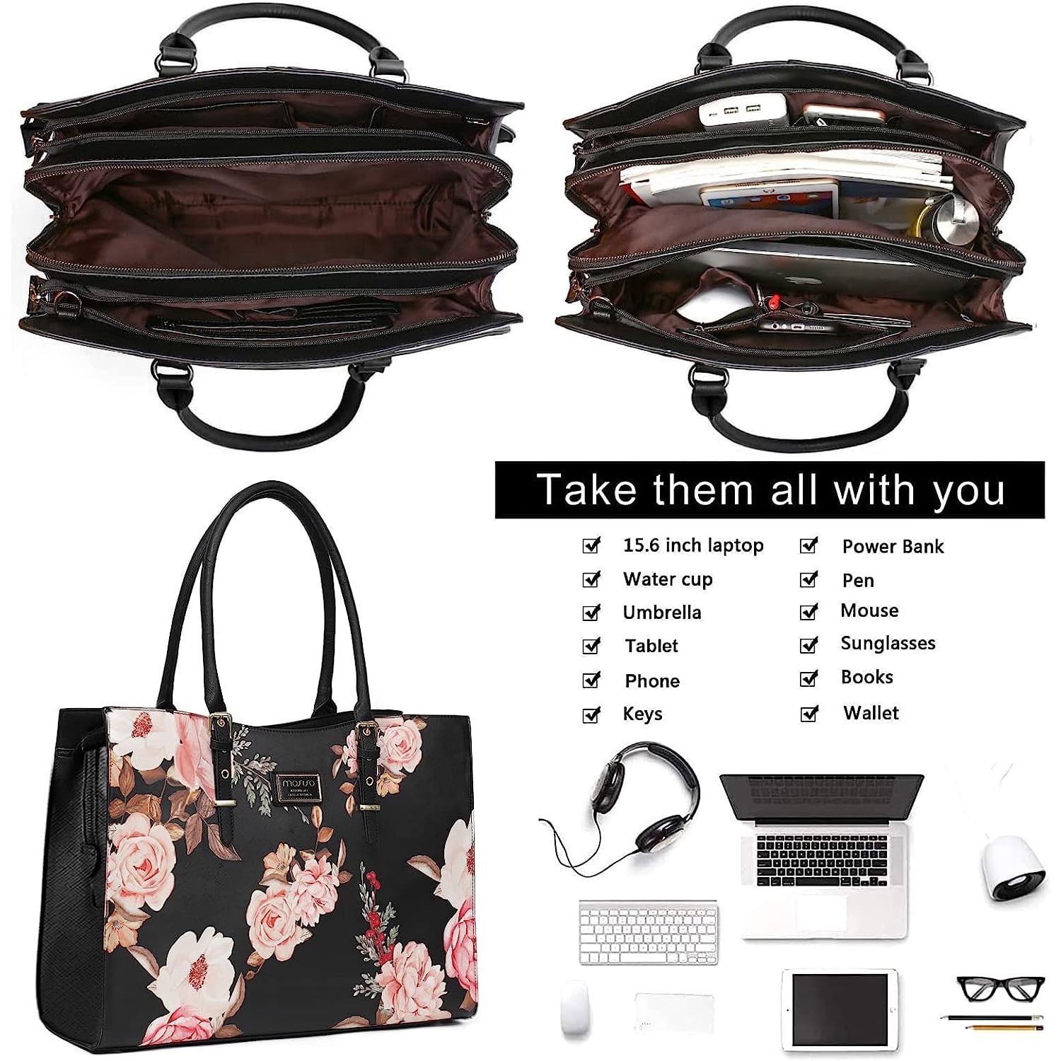 Mosiso PU Leather Laptop Tote Bag for 15-15.6 inch Notebook,Peony Waterproof Business Work Travel Briefcase with Adjustable PU Handle, Black