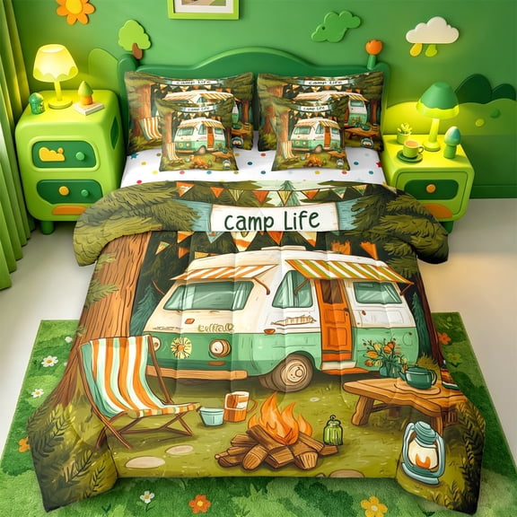 Catabedysis Retro Camper 7-Piece Twin Bedding,Camp Life Print Bedding Comforter Set For Boys,Multicolor,Polkadot Reversible