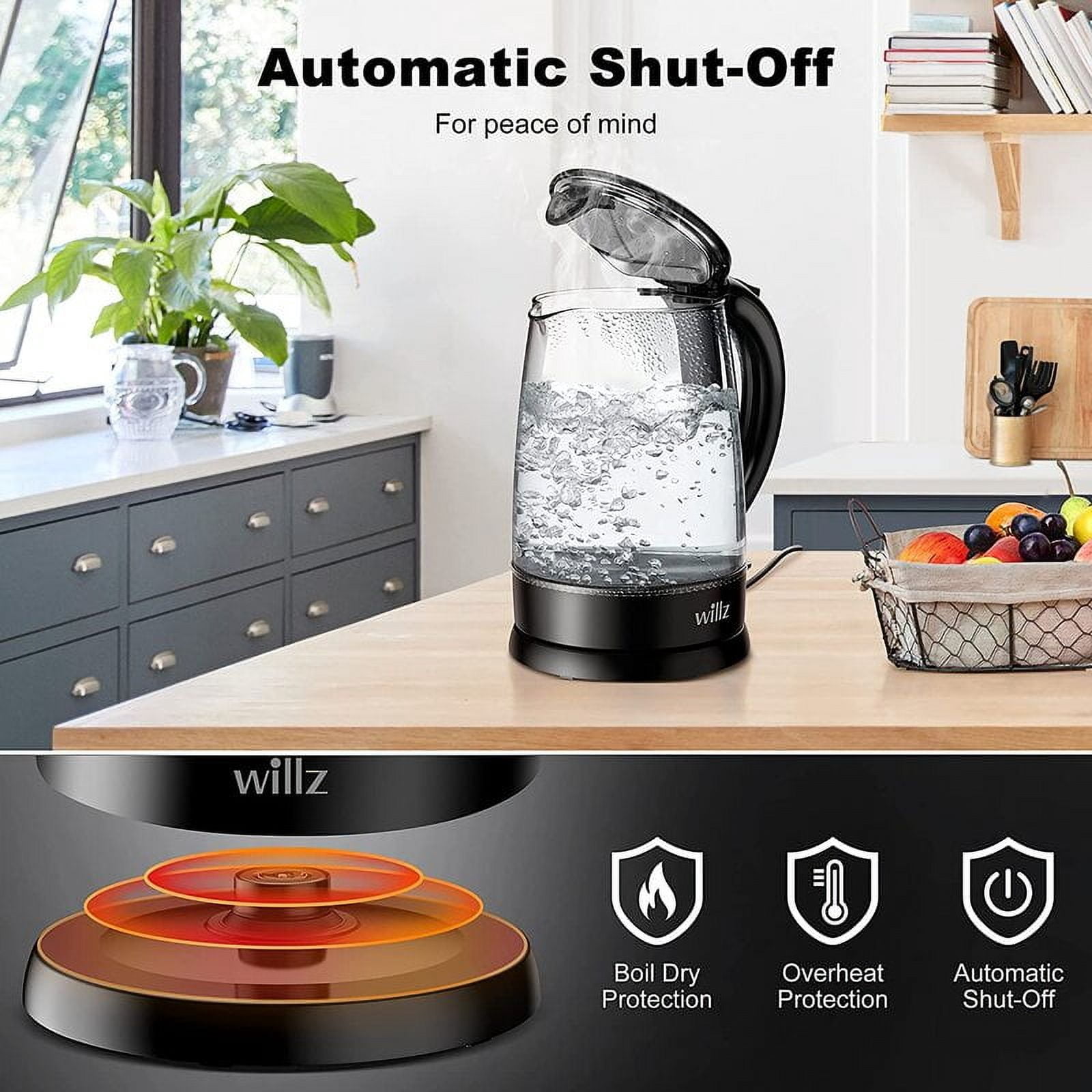 Willz Electric Glass 1.7L 1500W Kettle with Heat Resistant Handle and Quick Boil Technology in Black