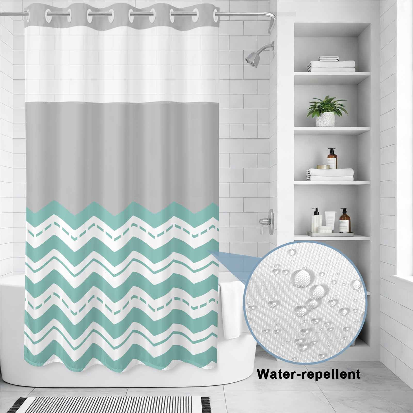 No Hook Shower Curtain Grey Turquoise Waves Shower Curtain for Bathroom Chevron Stripe Bath Curtains Waterproof Fabric with See Through Top Window for Spa Hotel 36x72 Inch