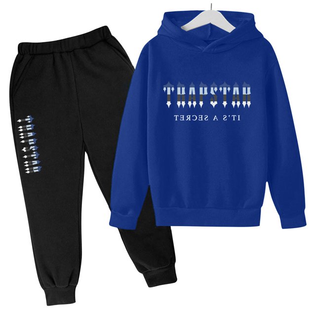 Trapstar Ensembles de Chandails à Capuchon pour Enfants, Chandails Graphiques à Manches Longues pour Garçons et Filles, Coupe Ample, Chandails Trapstar Style Rue à Enfiler + Pantalons de Survêtement, Ensemble pour Enfants de 2 Pcs, Ensembles de Chandails Classiques (Bleu, 130)