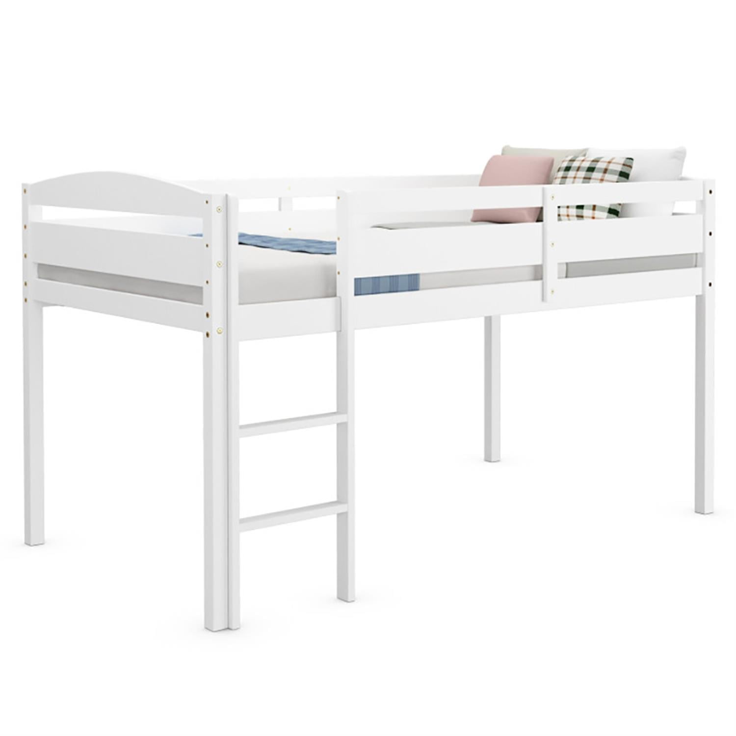 Demi Bonn Loft Bed Twin Size, Solid Wood Low Loft Bed with Guard Rail and Ladder, Modern Wooden Loft Bunk Bed Frame, White