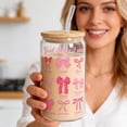 thumbnail image 3 of Coquette Pink Bow Glass Cup with Lid and Straw, 16 Oz Cute Glass Coffee Cup Featuring Inspirational Bible Verse, Girly Preppy Design Aesthetic Iced Coffee Tumbler Perfect Gifts for Teen Girls Women, 3 of 7