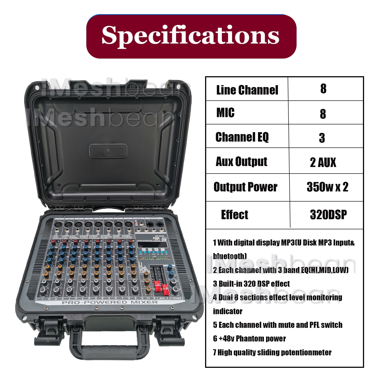 iMeshbean Professional 8 Channel Mixer With Power Amplifier with USB Drive for PC Recording 48V Phantom Power Stereo DJ Studio Streaming 110-220V