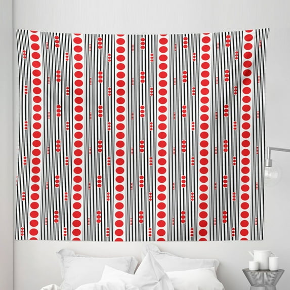 Modern Tapestry, Vertical Black Stripes and Big and Small Circles Minimal Lattice Grid, Fabric Wall Hanging Decor for Bedroom Living Room Dorm, 5 Sizes, Vermilion Black White, by Ambesonne