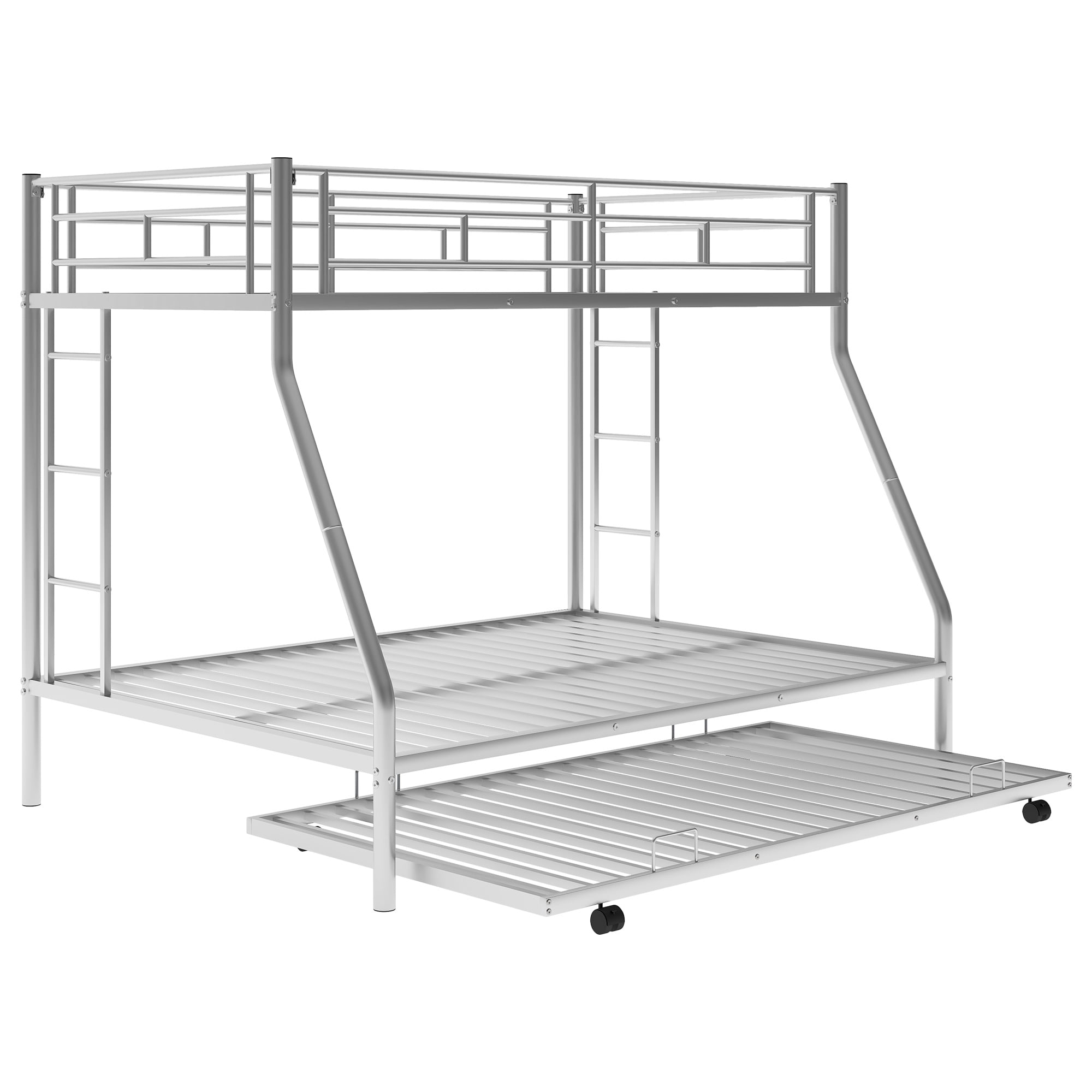 PORKISS Metal Twin Over Full Bunk Beds with Trundle Bed, Bunk Beds for Kids Teens Adults with Ladders, No Box Spring Needed, Silver