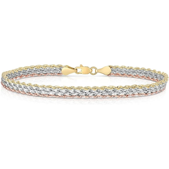 Floreo 10k Tri Color Gold Triple Strand Rope Chain Bracelet, 7.5”
