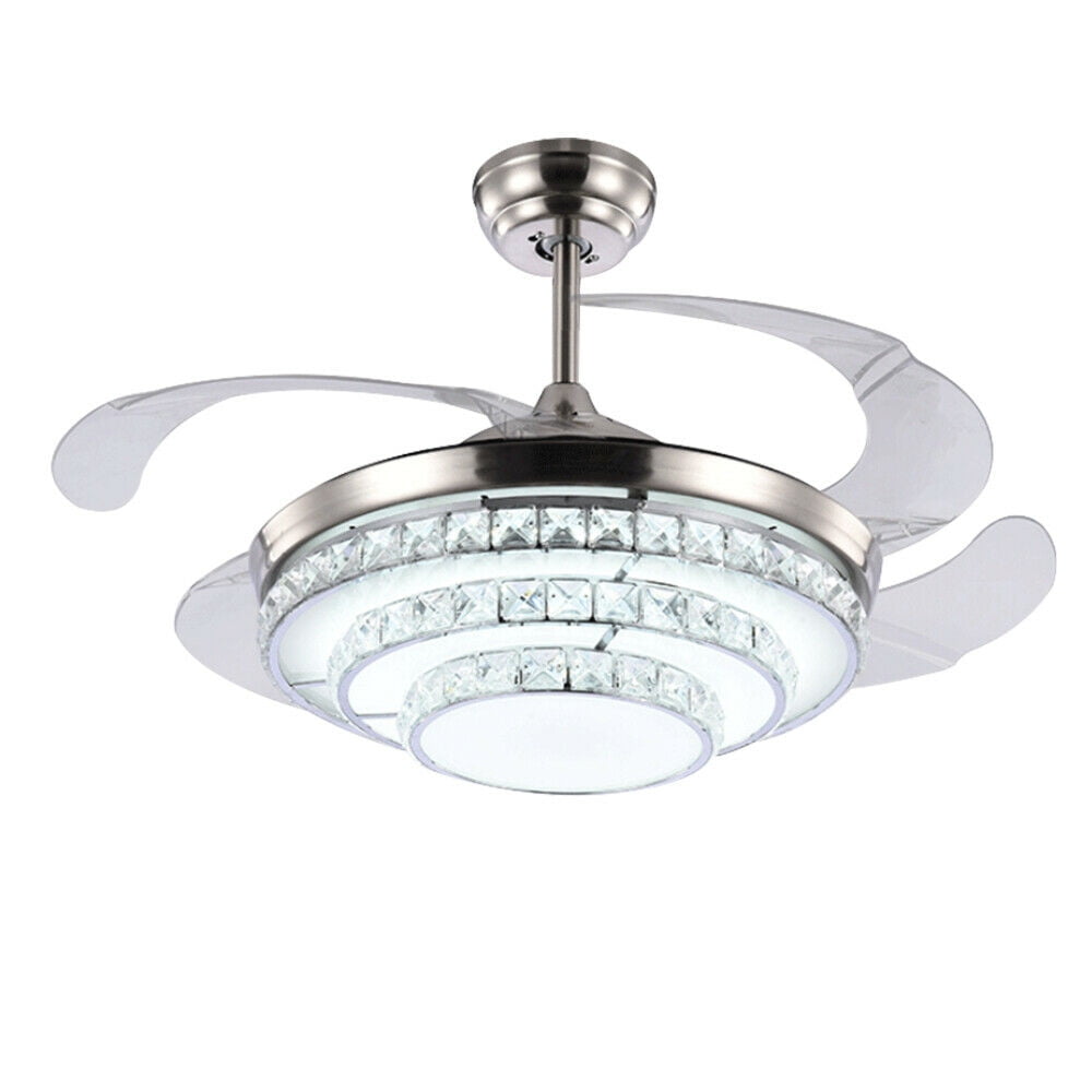 42" Retractable Crystal Ceiling Fan Light Lamp 3 Color LED  Chandelier Remote 