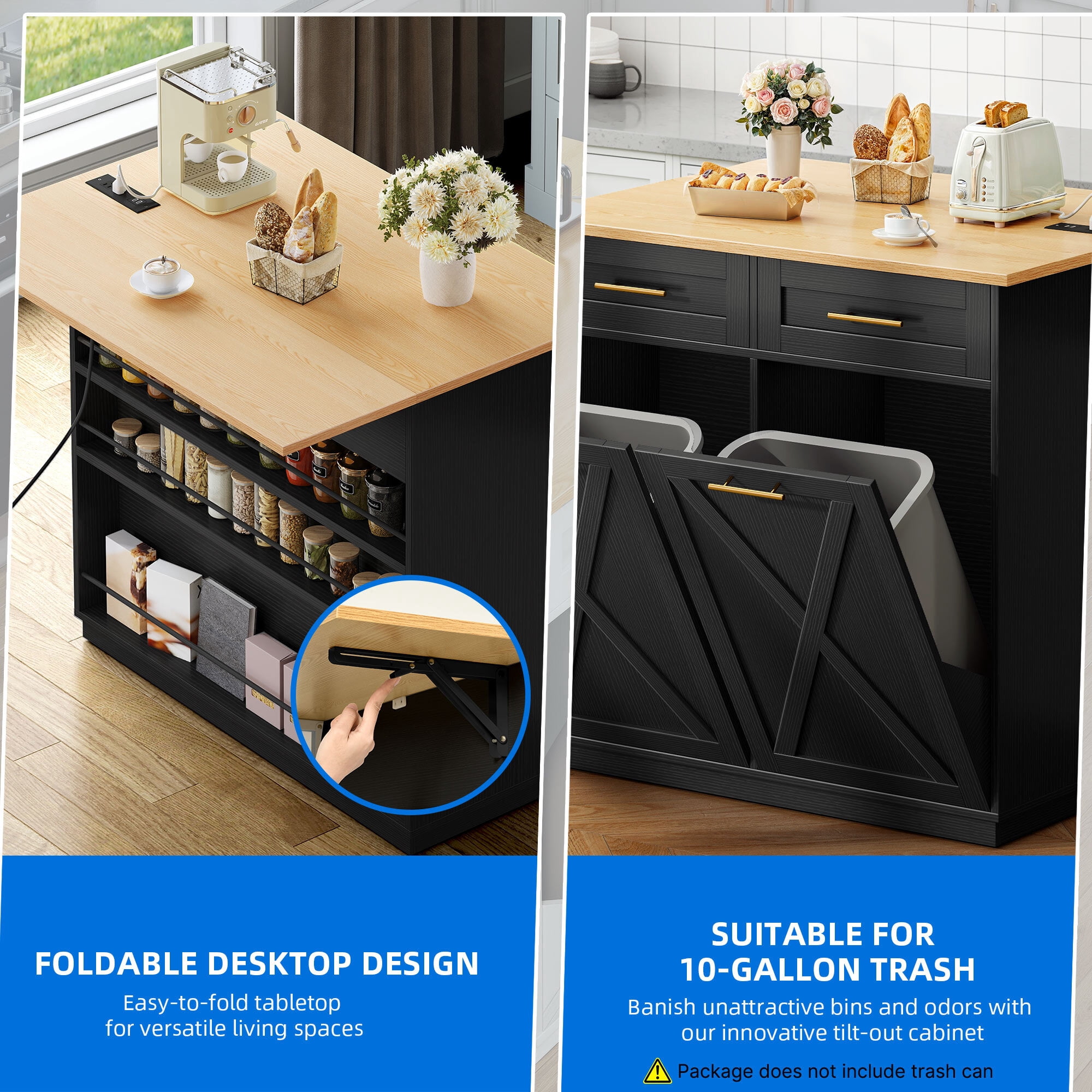 Uforic Kitchen Island Table with Drop Leaf & Power Outlets & Trash Storage, Black