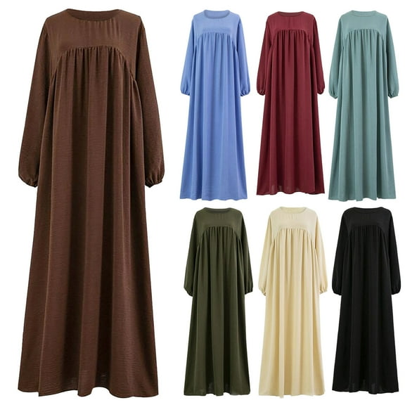 Jinhomg Womens Plus Size Maxi Dress Casual Loose Long Sleeve Crewneck Dresses Basic Muslim Abaya Ramadan Dress Army Green L