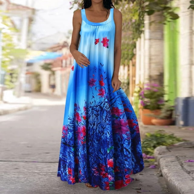 Robe Longue Maxi d'Été Aguichant Sans Manches Boho pour Femmes, Col en Vrac, Imprimé Floral Boho, Robe de Plage Fluide