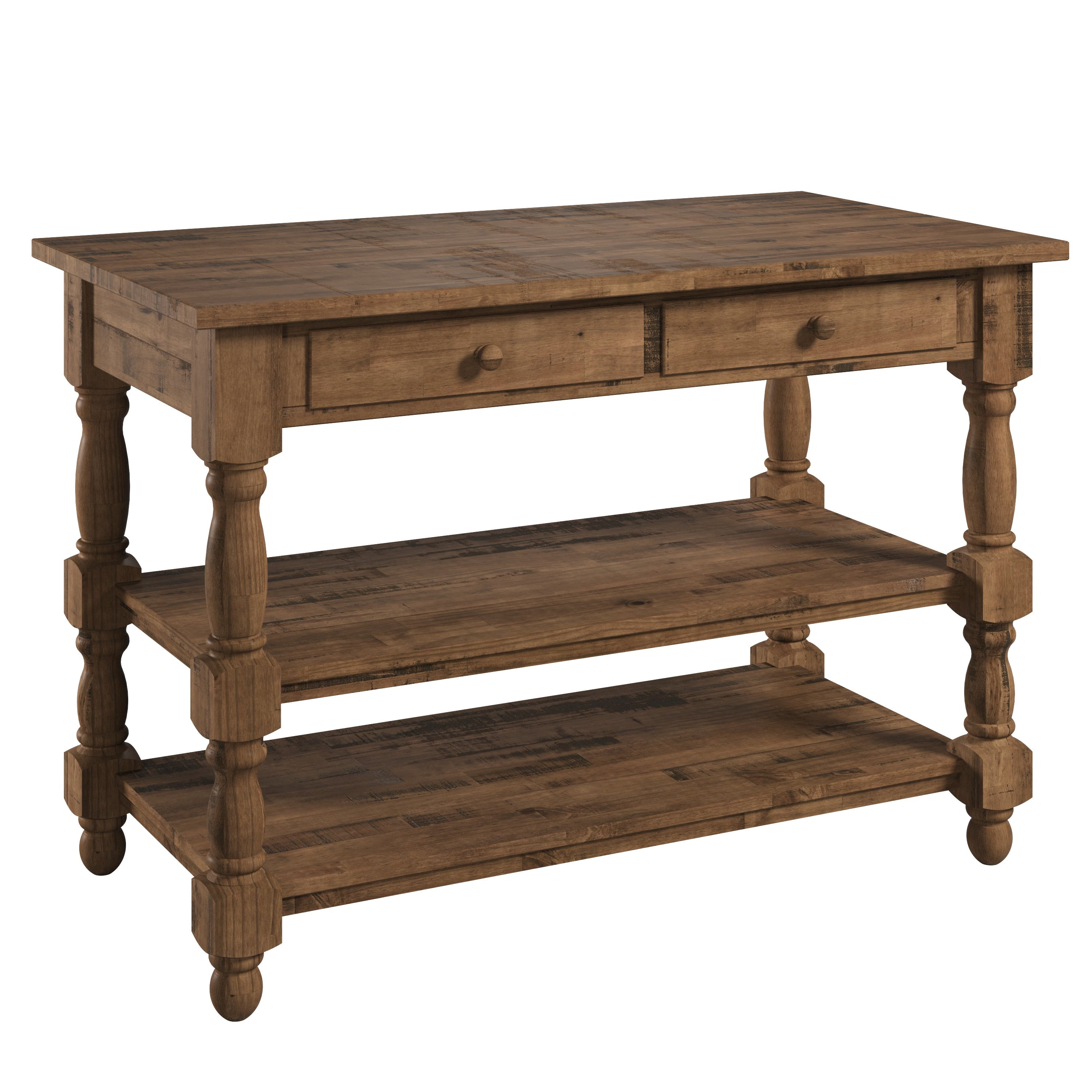 OSHOME 52" Farmhouse Kitchen Island with Drawers and Shelves – Solid Wood Kitchen Prep Table, Harvest Brown with Distressed Brown Top