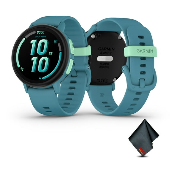 Garmin Bounce 2, Kids Smartwatch with Calling, Messaging and Location Tracking Features, Turquoise Bundle With Microfiber Cleaning Cloth