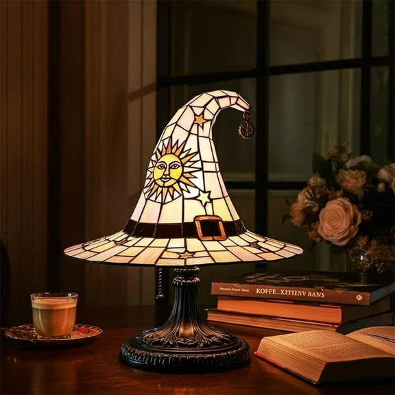 SENIURIS Resin Witch Hat Lamp Stained Glass, Handmade Gothic Witch Hat Lamp for Indoor Party Haunted Wiccan Halloween Decor. (White)