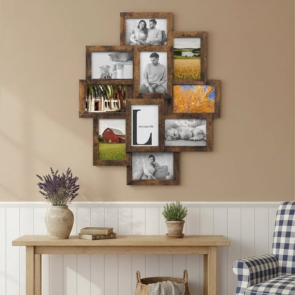 LEDREM 4x6 Wall Collage Picture Frame Set, 10 Pack Gallery Photo Frames with Glass Front, Easy Assembly for Home, Office Decor, Rustic Brown