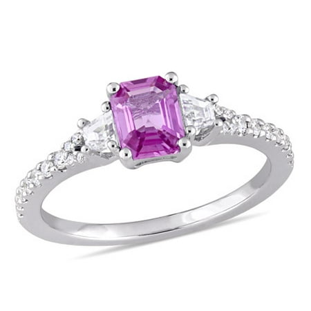 Tangelo 1-1/3 Carat T.G.W. Pink and White Sapphire and 1/6 Carat T.W. Diamond 14kt White Gold Three-Stone Engagement Ring