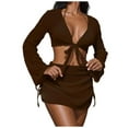 thumbnail image 3 of BiZtdJrK Brown Women's 4 Piece Set Hollow Out Cover Ups Tops Skirts Matching Halter Bras Bottoms Bathing Suit Beach Wear L, 3 of 7