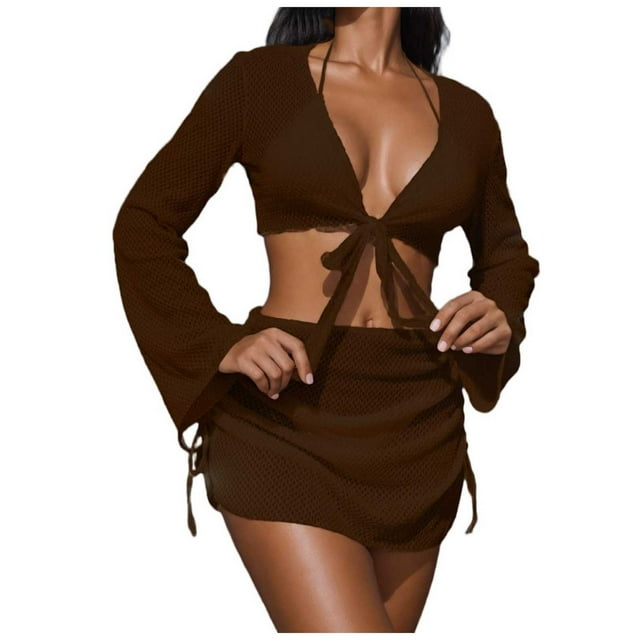 FRSASU Women's 4 Piece Swimsuit Fishnet Triangle Halter String Bikini Set with Cover up Top Skirt Split Swimsuit Set Brown S(S)
