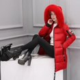 thumbnail image 3 of Chaqueta de algodón con cuello de piel grande para mujer en invierno, chaqueta de algodón de moda de corte entallado de longitud media a larga, 3 of 5
