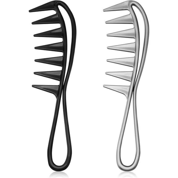 2 Pieces Wide Tooth Combs with Handle Black Grey Curl Comb Hairstyle Comb Wide Tooth Comb Anti-static Curly Hair Salon Barber Comb (Black Grey)