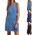 thumbnail image 1 of Womens Plus Size Summer Dresses Solid Color Sleeveless Straight Denim Dress With Button Down Pockets Plus Size Prom Dress Light Blue L, 1 of 4