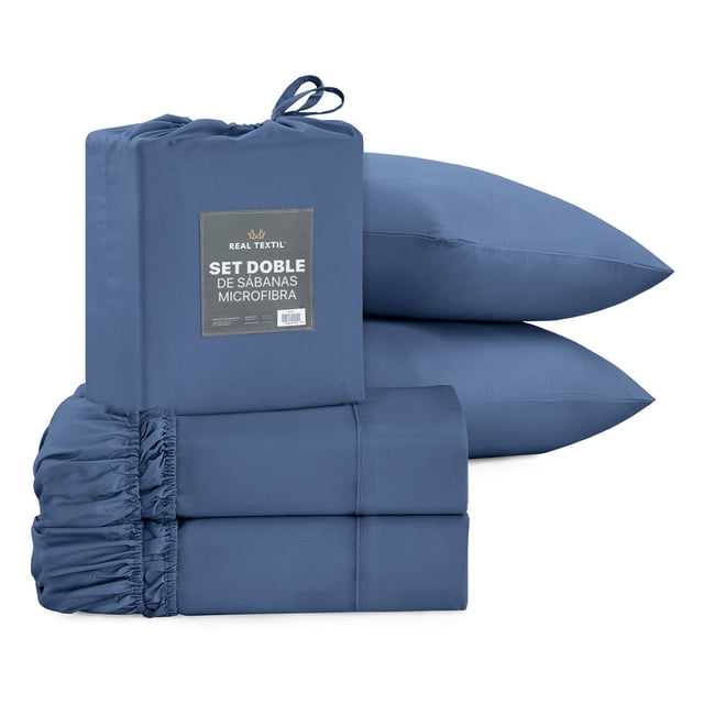 Sábanas 2 Juegos de Microfibra Suaves y Frescas, Real Textil (Azul, Individual)