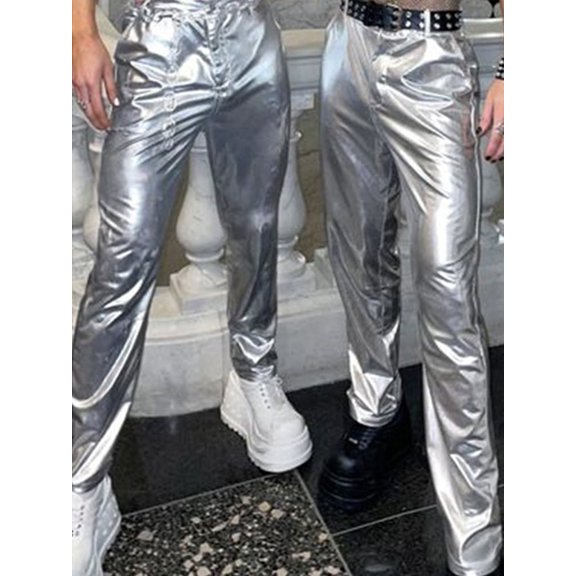 INCERUN Men's Coated Shiny Stretch Trousers Sliver Feel Elegant Pants