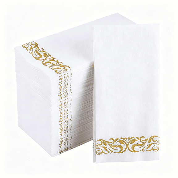 CCOCC 200 Disposable Hand Towels Soft&Absorbent Linen Feel Dinner Napkin Durable Decorative Bathroom Hand Napkins Good for Kitchen,Thanksgiving,Parties,Weddings,Dinners Or Events White&Gold