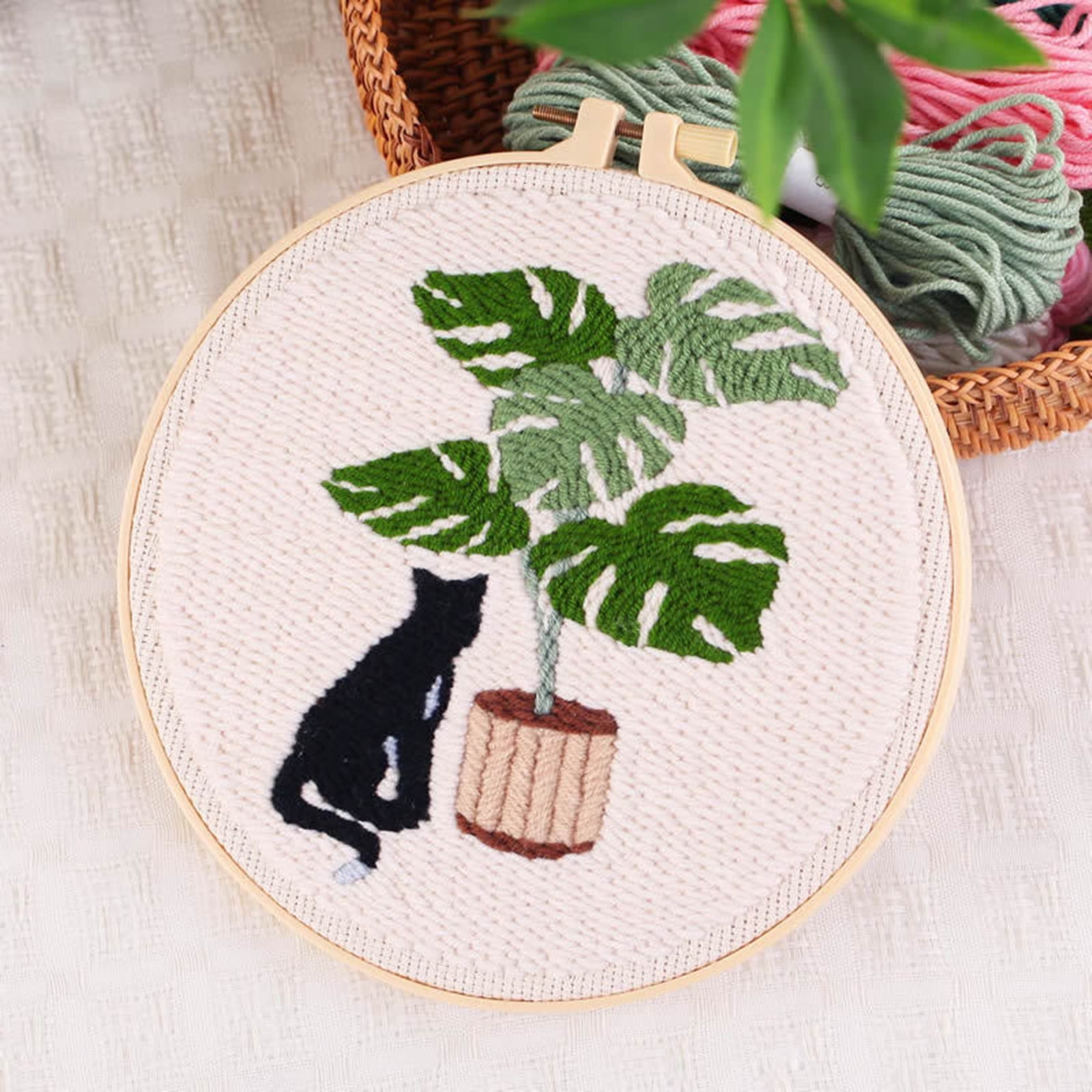 Historyli Go5H Punch Needle Kits For Beginners, Cute Cat And Green Plant Themed Punch Needle Embroidery Starter Kits With Punch Needle Fabric And Embroidery Hoops