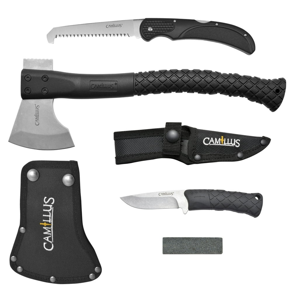 Camillus Camp Quadpak, Hatchet, Folding Saw, Fixed Blade, Stone