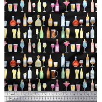 Soimoi Black Cotton Voile Fabric Bottle & Wine Glass Bar Fabric Prints By Yard 42 Inch Wide