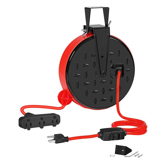 Wilawels Carrete De Cable De Extensión Retráctil De 30 Pies, Calibre 16/3, Cable De Alimentación Sjtw Con 3 Tomas Eléctricas, Coleta Para Garaje Y Tienda, Disyuntor De 10 Amperios, Placa De Metal, Cer