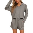 thumbnail image 1 of INSPIRAR CHIC Conjuntos de Pijamas para Mujeres de 2 Piezas, Ropa de Lounge, Tejido Waffle, Conjuntos a Juego, Top de Manga Larga y Pantalones Cortos con Bolsillos, 2XL Gris, 1 of 5