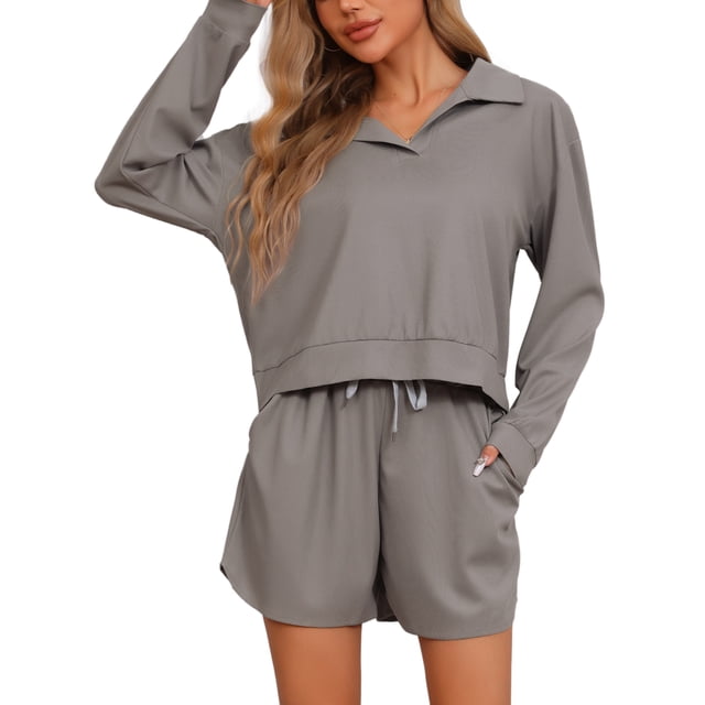 INSPIRAR CHIC Conjuntos de Pijamas para Mujeres de 2 Piezas, Ropa de Lounge, Tejido Waffle, Conjuntos a Juego, Top de Manga Larga y Pantalones Cortos con Bolsillos, 2XL Gris