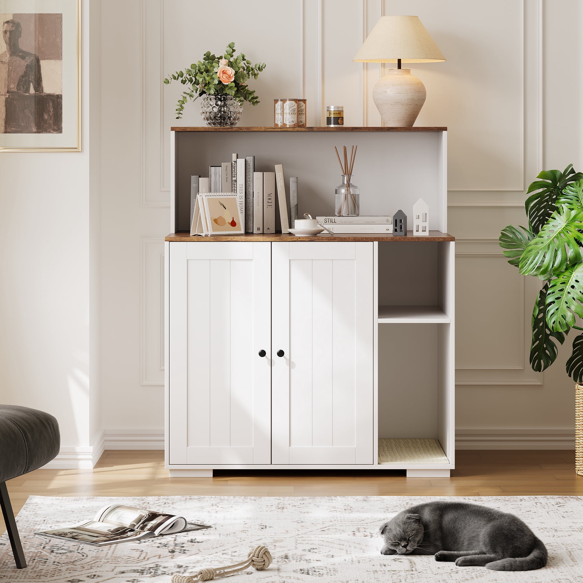 Ataucjin Large Cat Litter Box Enclosure with Scratch Pad, Large Automatic Litter Box Furniture for Placing Self-Cleaning Litter Box,Litter Cabinet with Outlet,Space for Cat Stuffs
