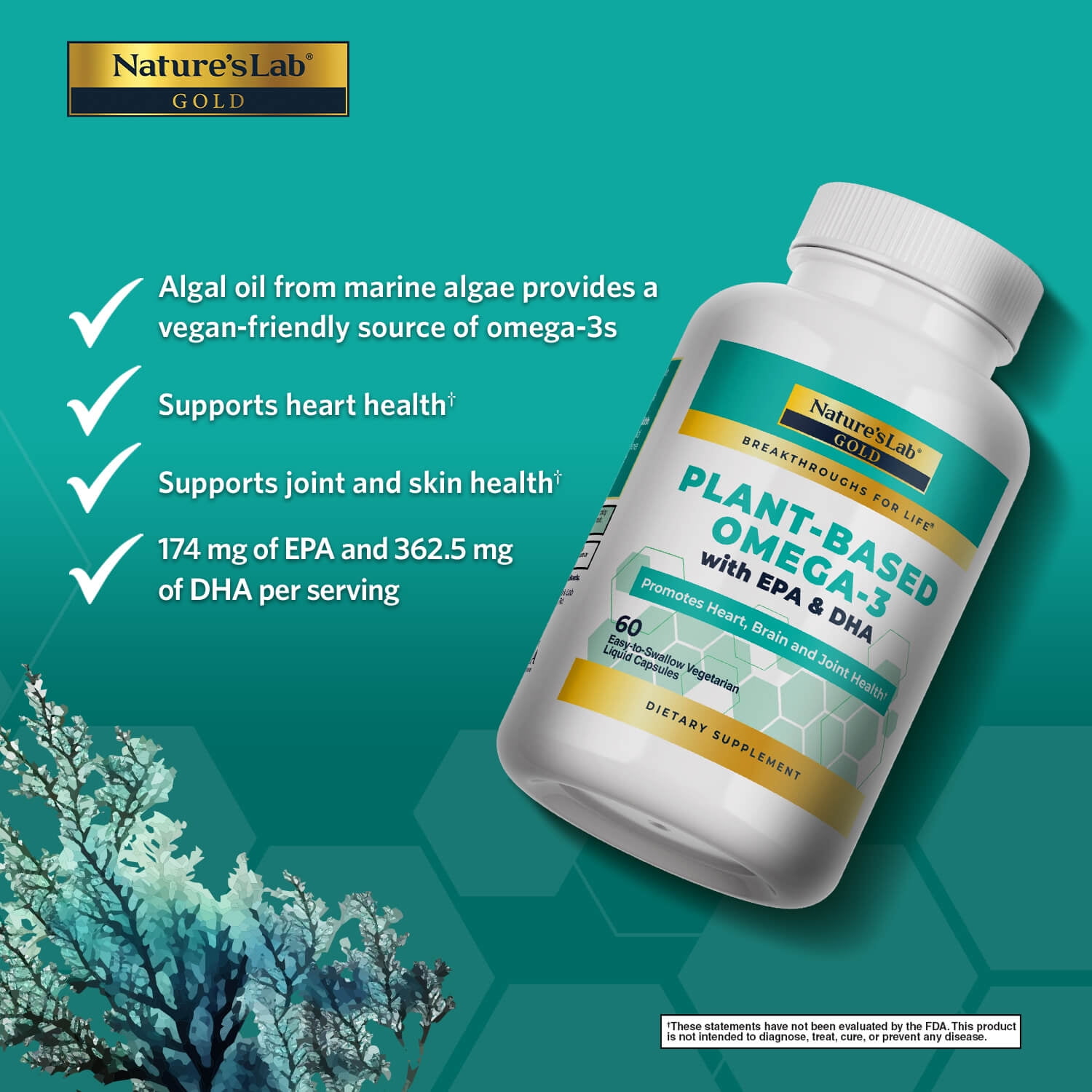 Nature's Lab Gold Plant-Based Omega-3 - 60 Liquid Capsules (30 Day Supply) - Promotes Heart, Brain and Joint Health*