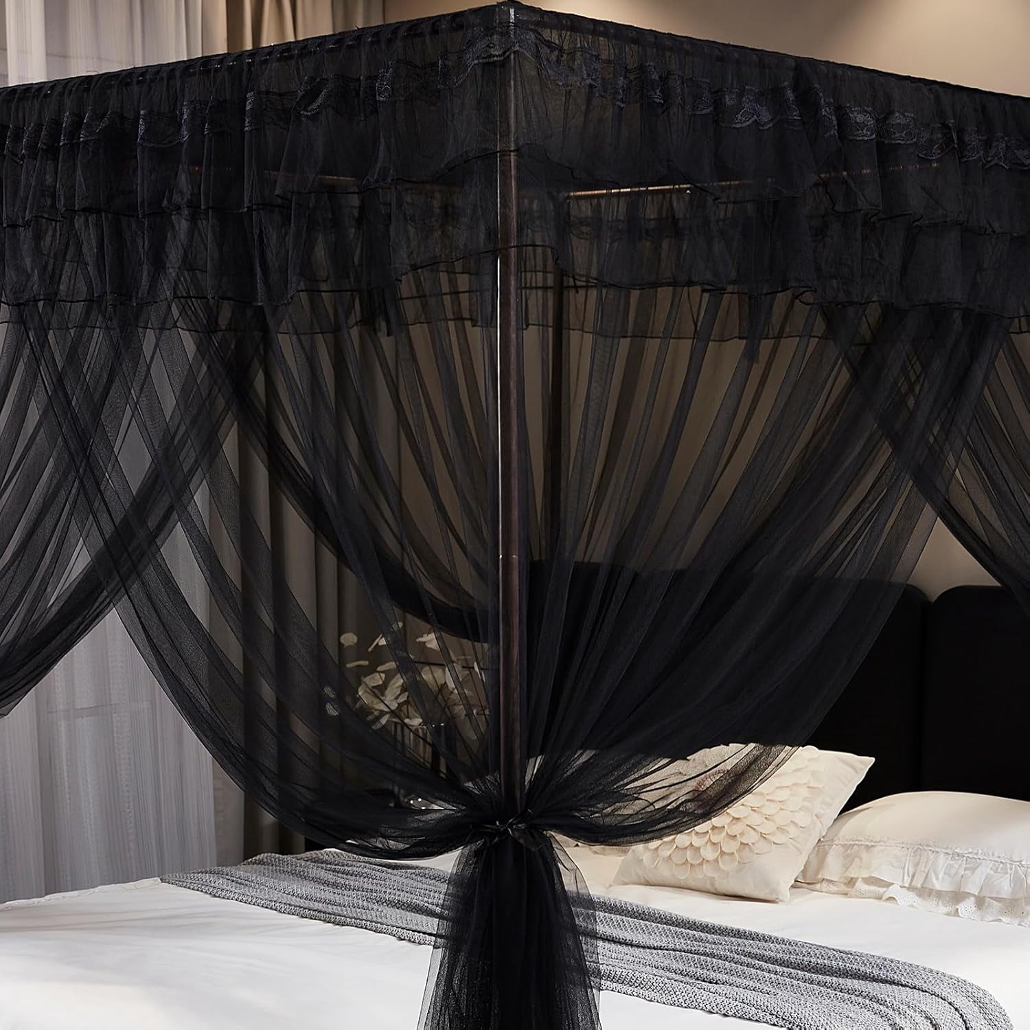 Black Canopy Bed Curtains for Girls & Adults, Queen King Bed Canopy Drapes Netting, Practical Mosquito Net for Bed (King- 86" W*78" L*82" H)