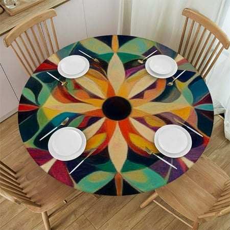 

PHYHOO Summer Round Fitted Tablecloth with Elastic Edged Boho Mandala Watercolor Table Cover Polyester Washable Table Cloth for Indoor Outdoor Party Wedding Use 31 -35