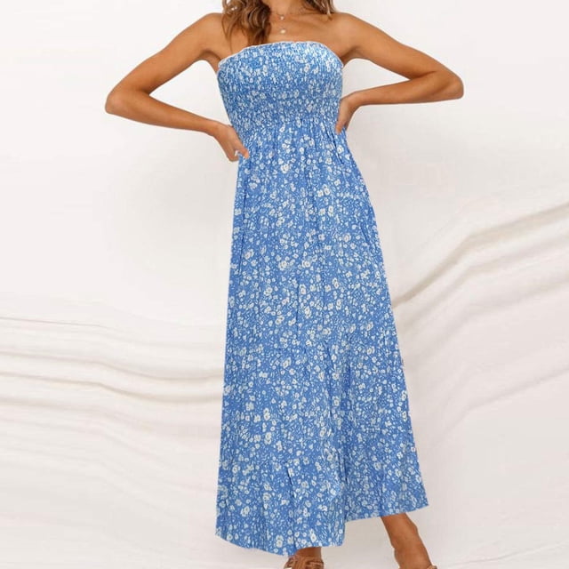 SMihono Robe Maxi Bohème d'Été pour Femmes Grande Taille Robe Longue Imprimée Florale Bohème Sans Bretelles pour Fête Robe de Plage