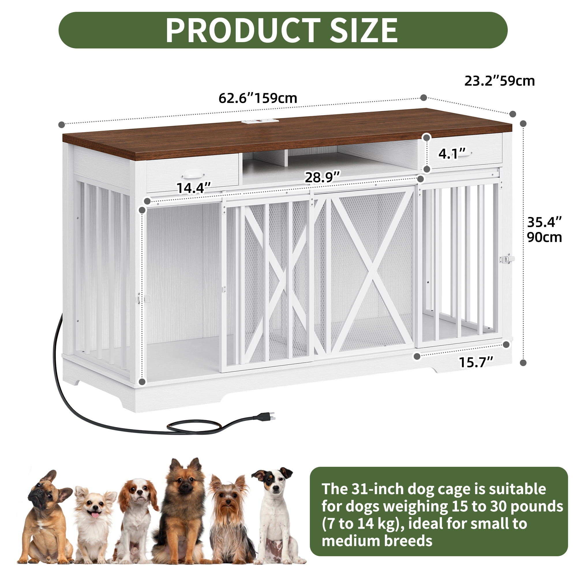 Uforic 63-inch Dog Crate Furniture,TV Stand with Charging Station,Dog Kennel with Double Sliding Barn Door - White