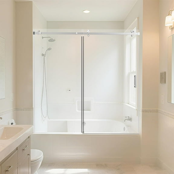 56-60" W X 60" H Frameless Single Sliding Tub Shower Door, 6/15"(8mm) Thick Glass Shower Door with Stainless-Steel Handle and Water Seal Strips, Adjustable Width, Chrome