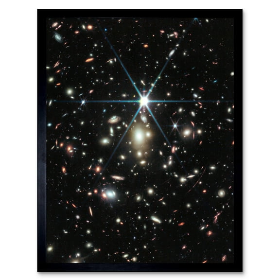 NASA James Webb Telescope NIRCam Space Image of Galaxy Cluster including Sunrise Arc and Earendel the Furthest Star Ever Detected Art Print Framed Poster Wall Decor 12x16 inch