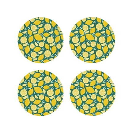 

Leather Coasters Set of 4 - cartoon Lemon leaves print Lightweight Non-Slip Drink Coasters for Desk Anti-Scalding Desk Cup Coasters for Office Table Decor Round Shape