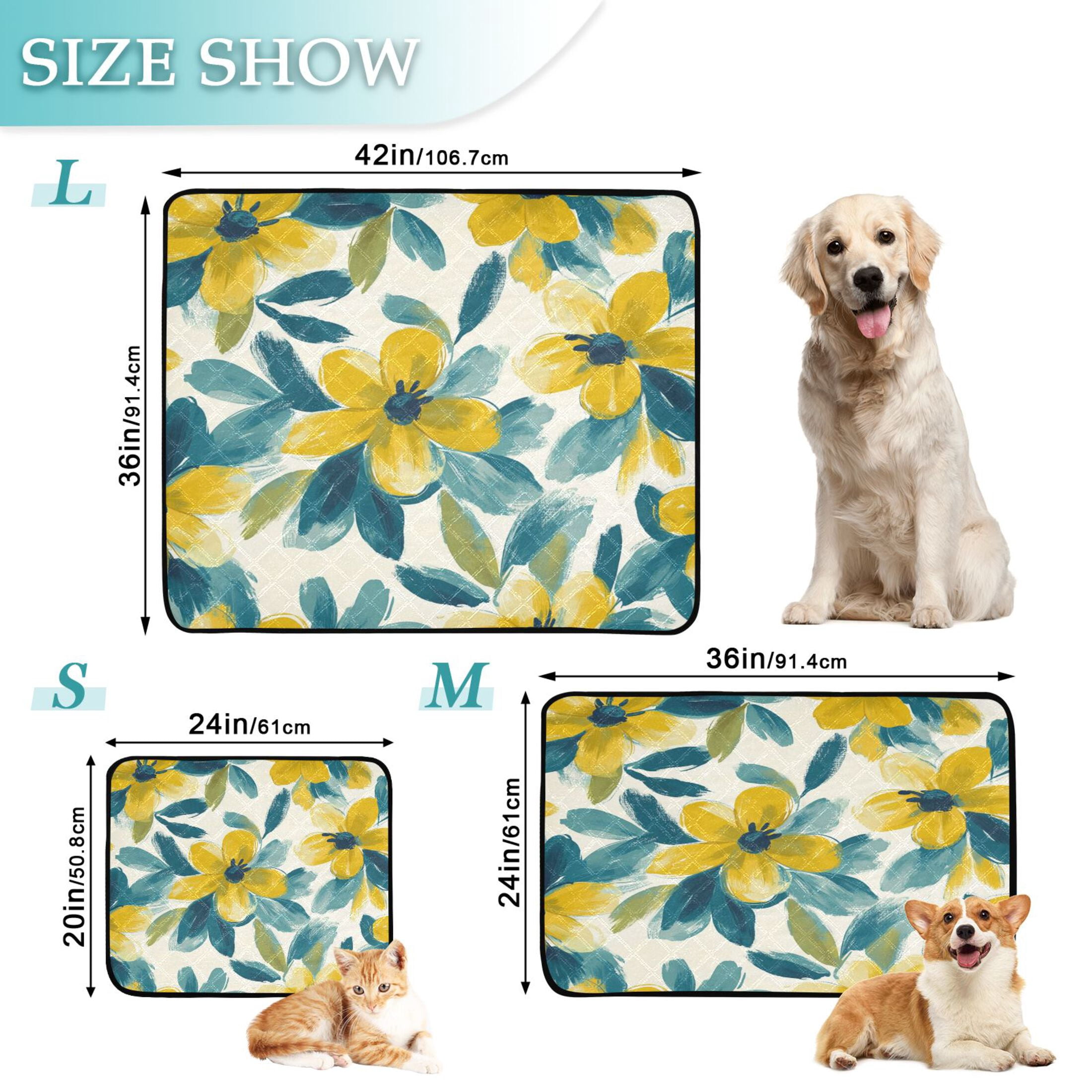 Qxltty Yellow and Teal Flowers Cat litter Pads Pet Set of 2 Diaper Mats Center Anti-leakage Layer Absorbent Soft and Comfortable
