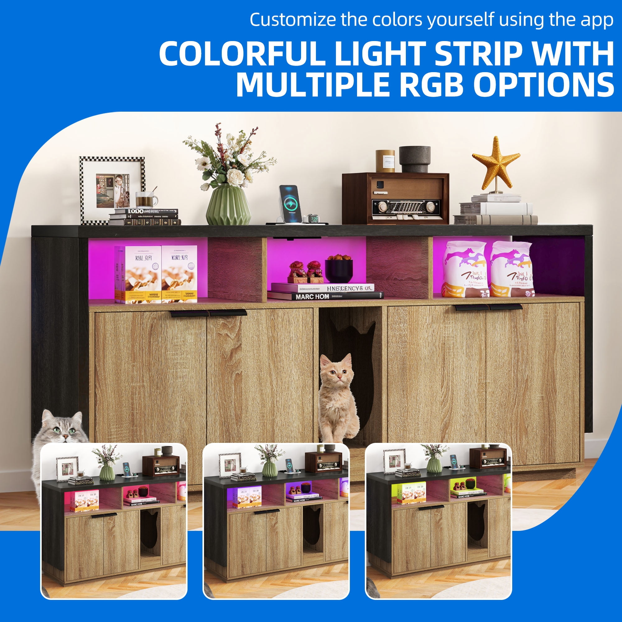 Dextrus Cat Litter Box Enclosure for 2 Cats, Wooden Long Cat Litter Box Enclosure with Power Outlet & LED Light, Double Rooms - Oak Brown