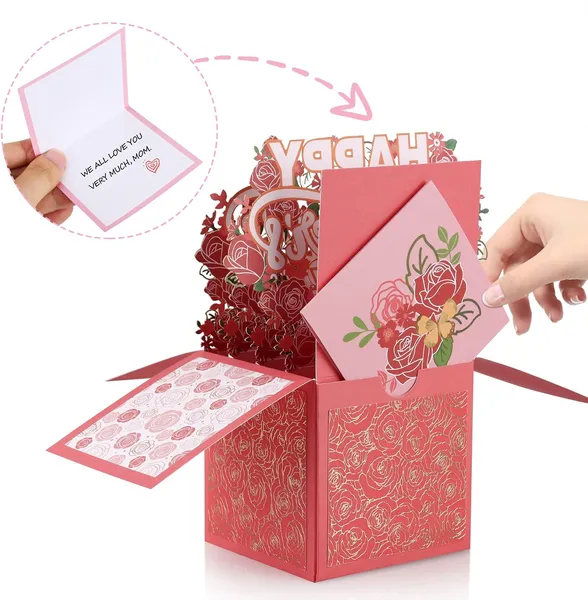 Red 3D Pop-Up Mother’s Day Card, Best Mom Ever Handmade Flower Greeting Card with Envelope & Notecard for Mom