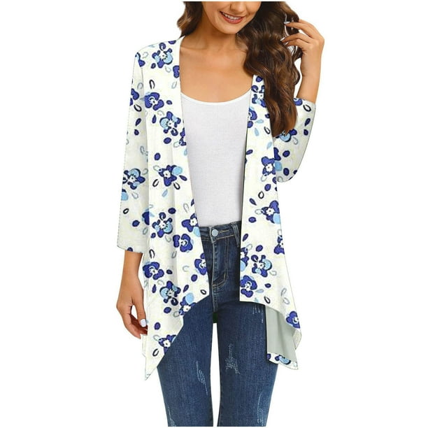 Cárdigan de mujer de manga 3/4, informal, cómodo, con bolsillos, estampado, blusa, abrigo