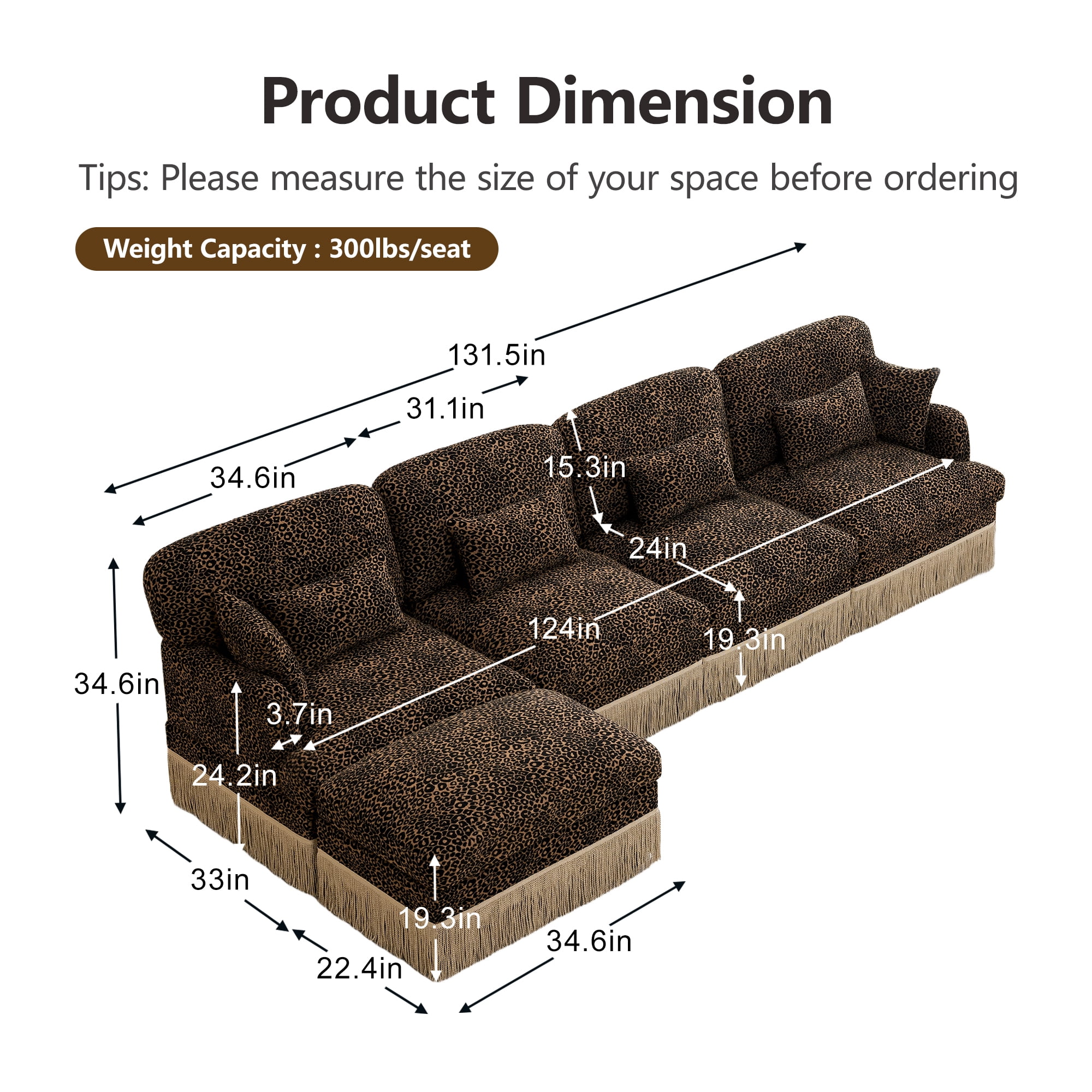 131" Chenille Leopard Tassel Deep Seat L Shape 4 Seater Modular Sofa Couch with 6 Throw Pillows and Ottoman