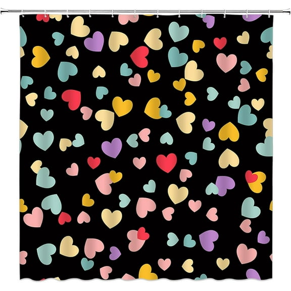 Colorful Heart Shower Curtain Valentine''s Day Sweet Lover Heart Retro Fashion Girl Black Background Fabric Bathroom Curtain Set with Hooks(70" WX70 H)